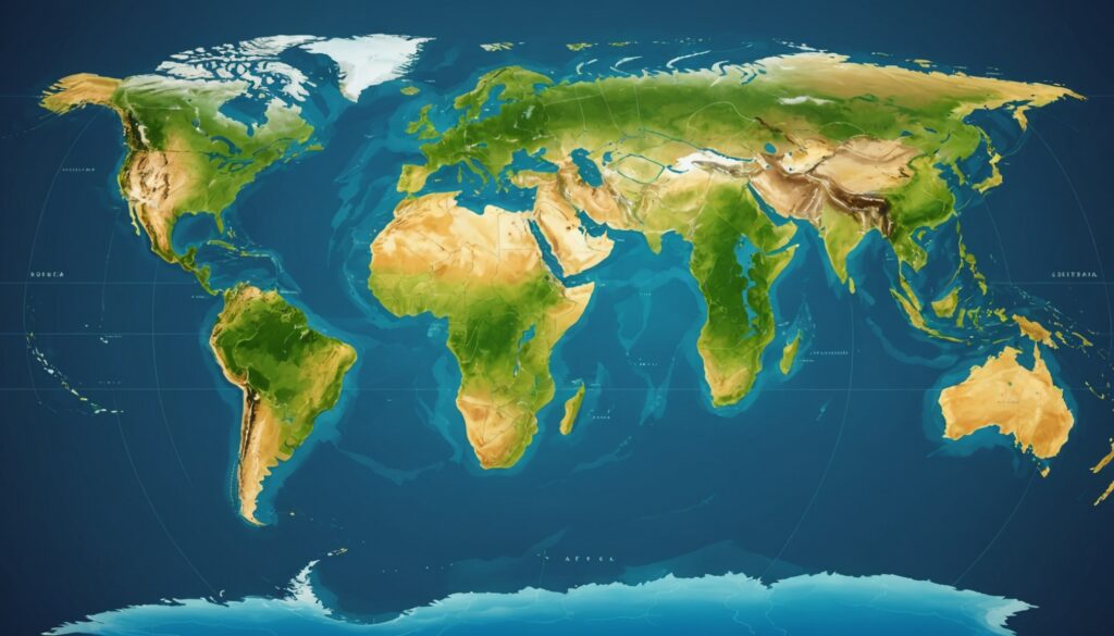 Illustration stylisée d'une carte du monde aux proportions réelles, Afrique mise en valeur