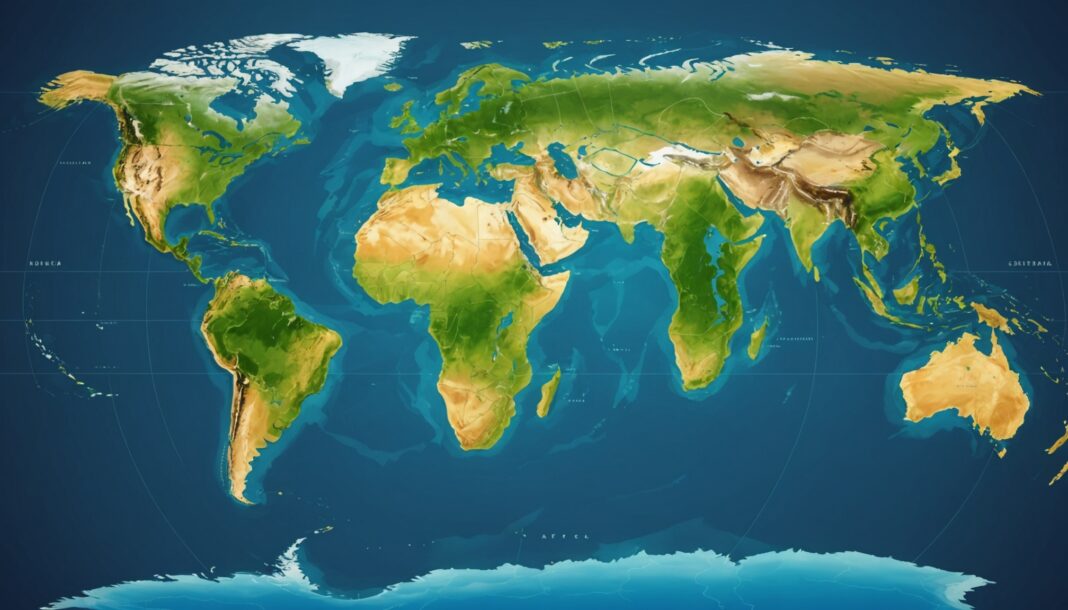 Illustration stylisée d'une carte du monde aux proportions réelles, Afrique mise en valeur