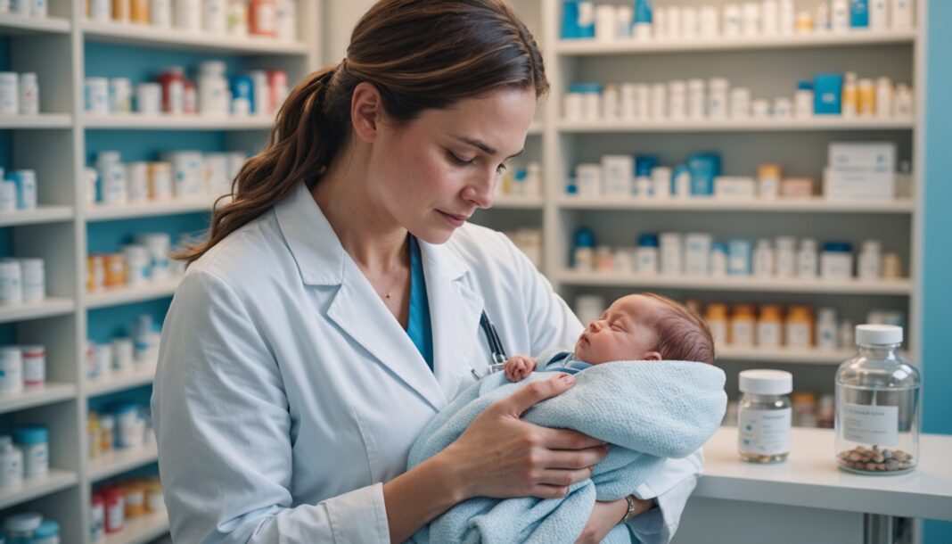 Bronchiolite du nourrisson : un nouvel anticorps monoclonal rebat les cartes en pharmacie Professionnel de santé tenant délicatement un nouveau-né endormi dans une pharmacie moderne