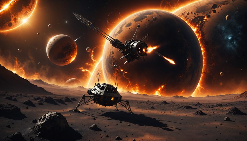 Illustration d'une sonde spatiale se séparant en deux orbiteurs près d'une planète proche du Soleil