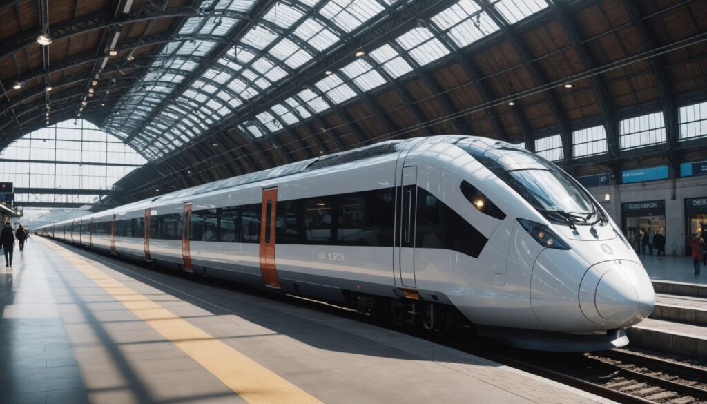 Train moderne futuriste arrivant en gare, illustration du futur RER B