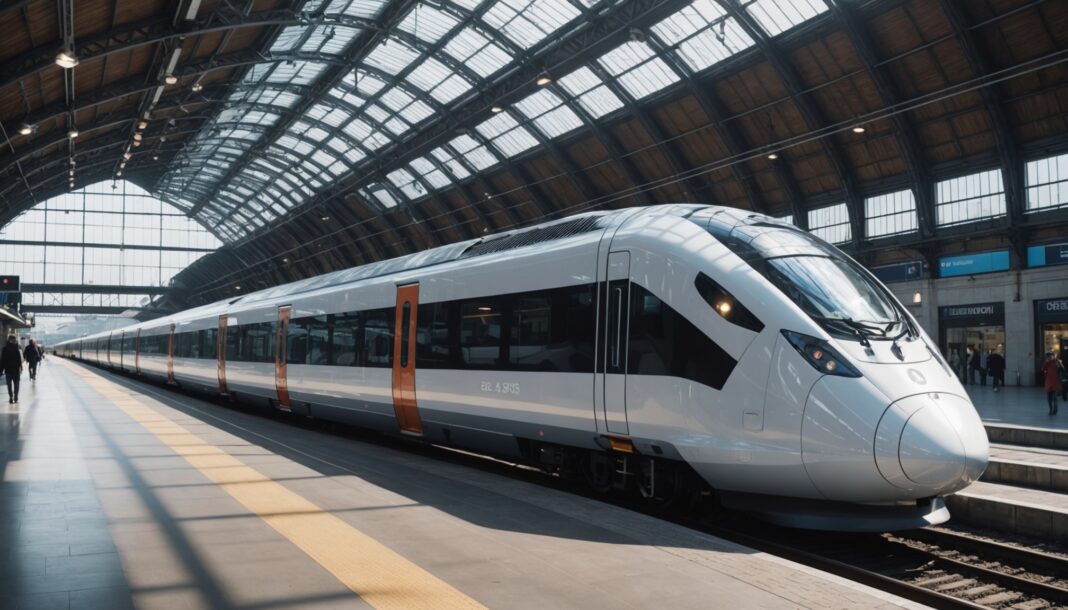 Train moderne futuriste arrivant en gare, illustration du futur RER B