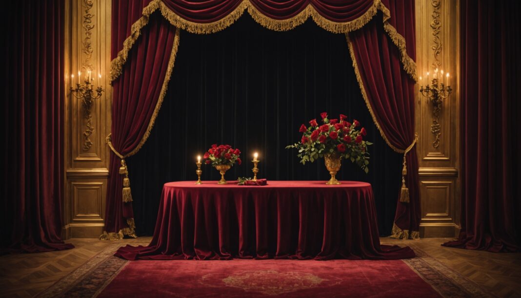 Intérieur opéracore avec rideaux de velours drapés, dorures et roses rouges