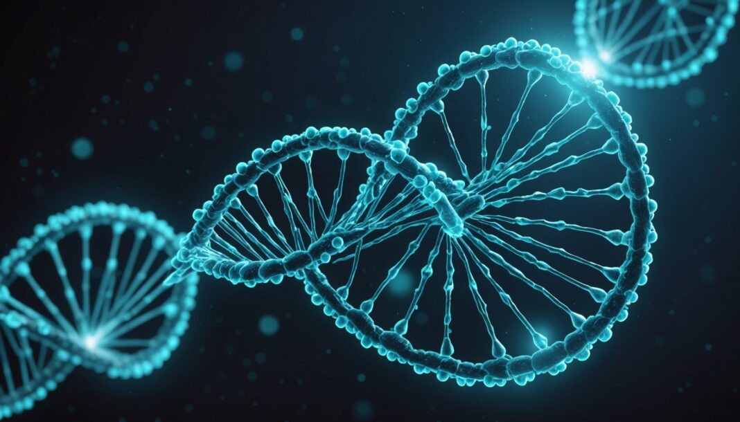 Illustration futuriste d'une intelligence artificielle concevant un vaccin universel, hélice d'ADN numérique et protéine de spicule de coronavirus