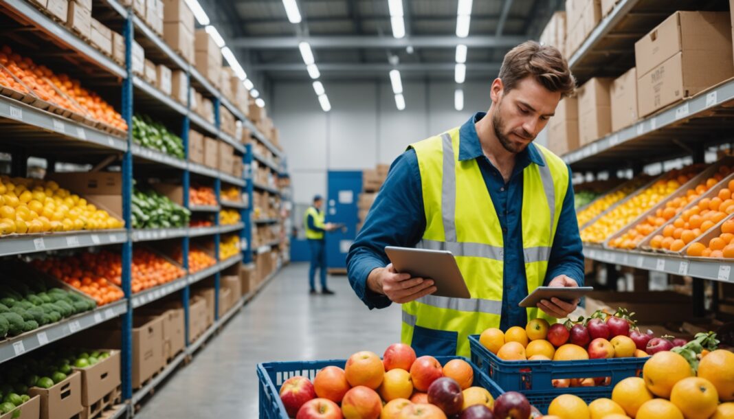 Travailleur vérifiant des cagettes de fruits et légumes invendus dans un entrepôt de distribution alimentaire