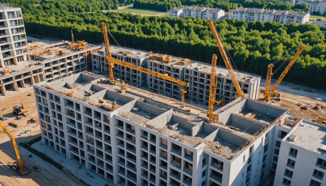 Immeubles résidentiels neufs en construction avec grues de chantier