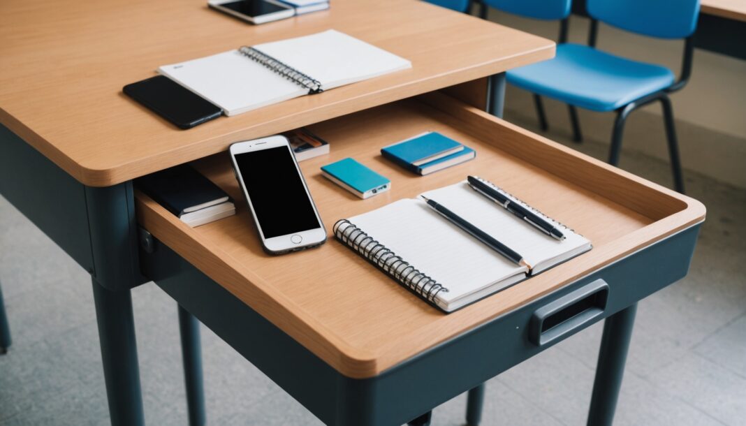Smartphone rangé dans un casier de classe au lycée