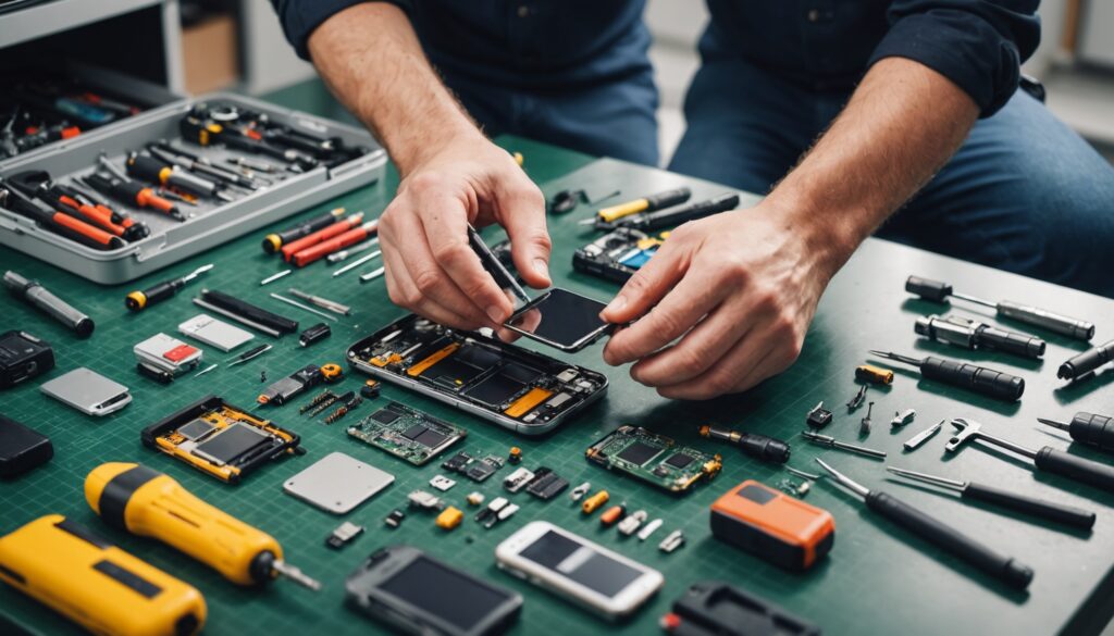 Technicien réparant un smartphone sur un établi, droit à la réparation en Europe