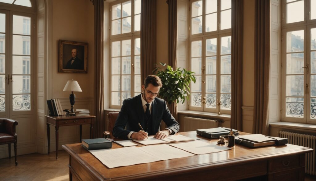 Bureau de notaire avec documents juridiques, stylo et lumière chaude