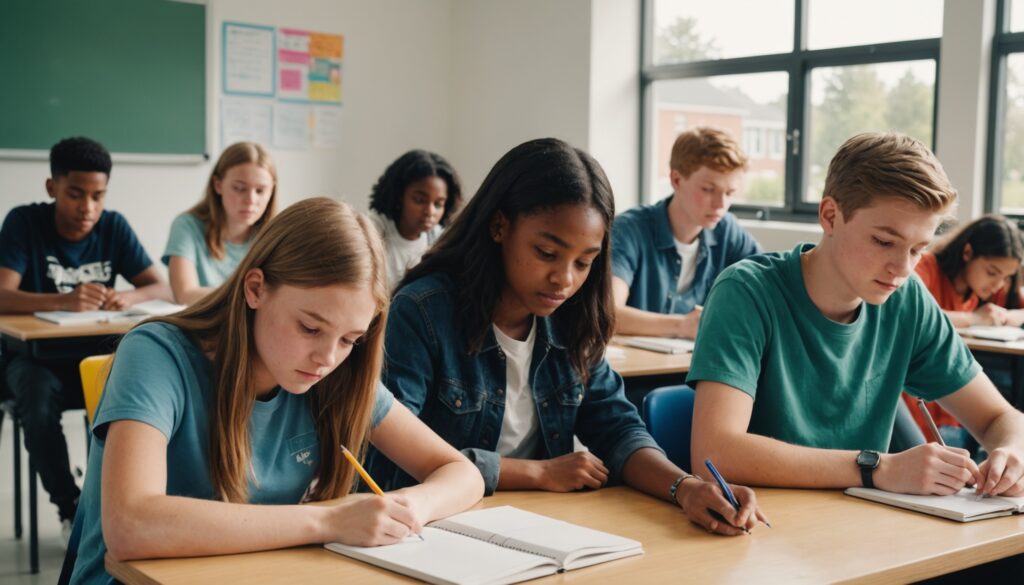 Eleves concentres sur leur travail scolaire dans une salle de classe lumineuse