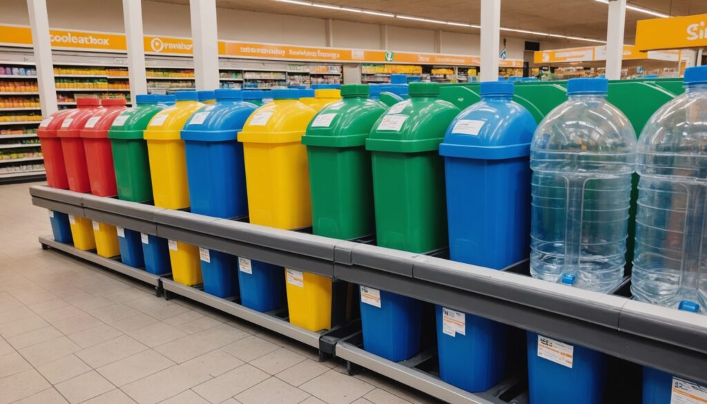 Point de collecte de bouteilles en plastique dans un supermarché français