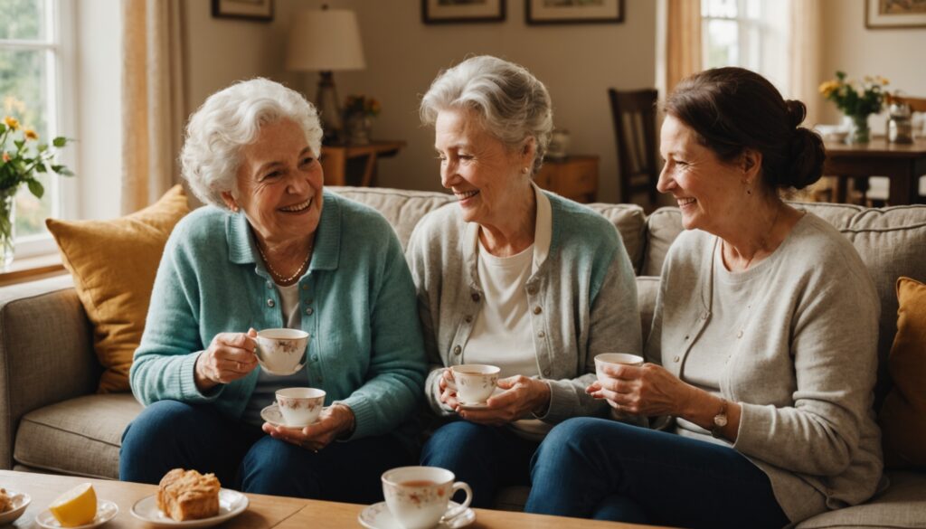 Senior et jeune adulte souriants partageant un moment convivial dans un salon, illustration de la colocation intergénérationnelle