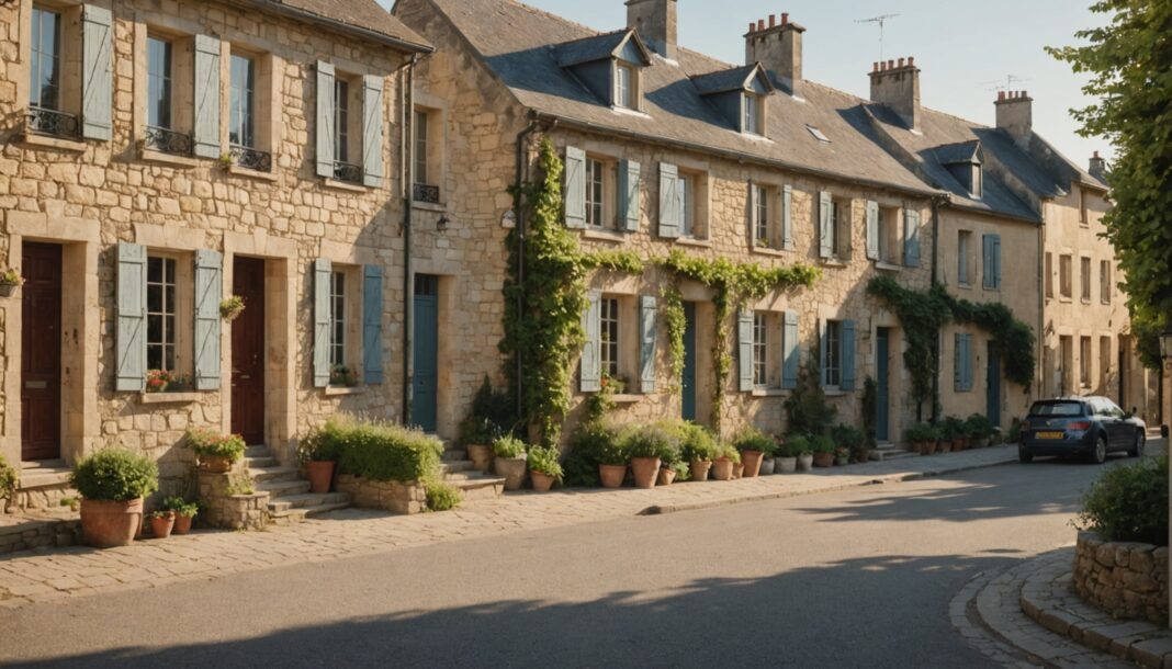 Maison ancienne avec un panneau à vendre dans une rue résidentielle française