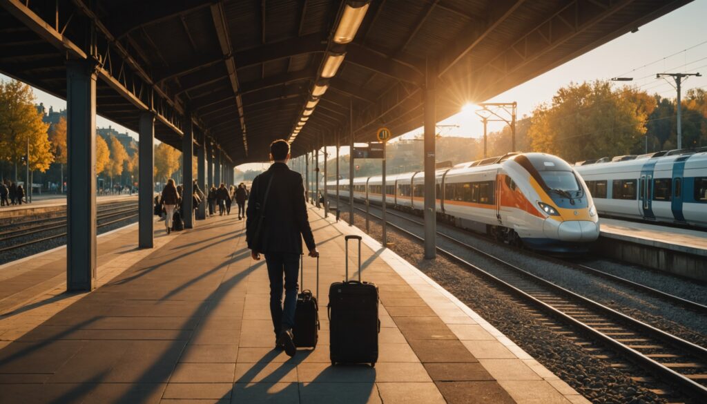 Voyageurs sur un quai de gare en lumière d'automne, illustration du tourisme de septembre
