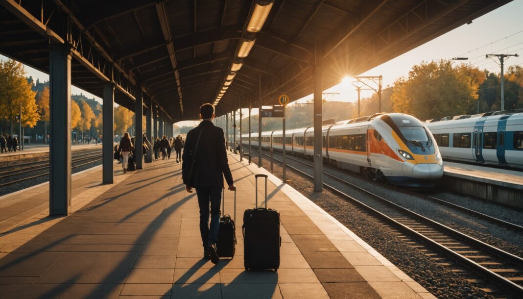 Voyageurs sur un quai de gare en lumière d'automne, illustration du tourisme de septembre