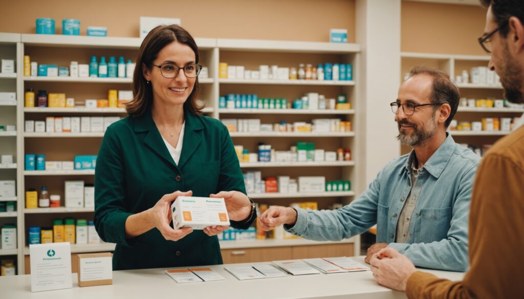 Pharmacien tendant une boîte de médicament à un client au comptoir d'une pharmacie