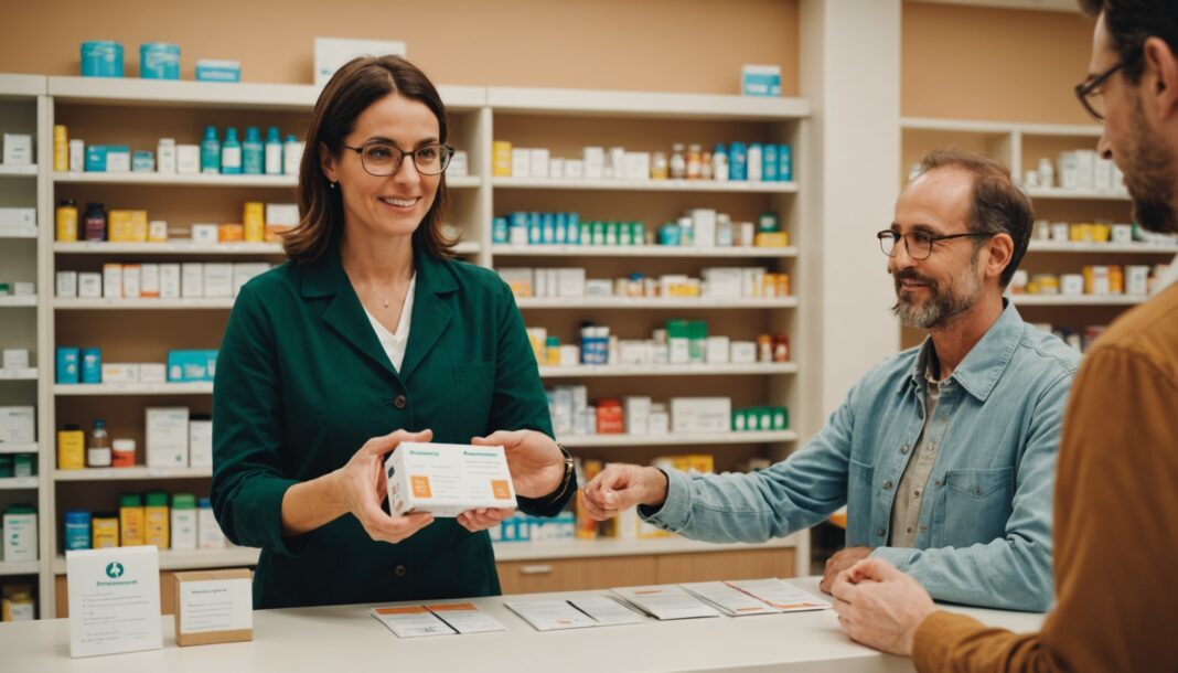 Refuser ce médicament au comptoir peut désormais vous coûter cher Pharmacien tendant une boîte de médicament à un client au comptoir d'une pharmacie