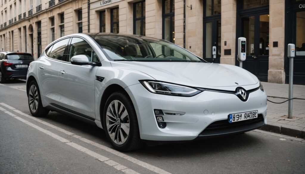 Voiture electrique d occasion branchee a une borne de recharge en ville