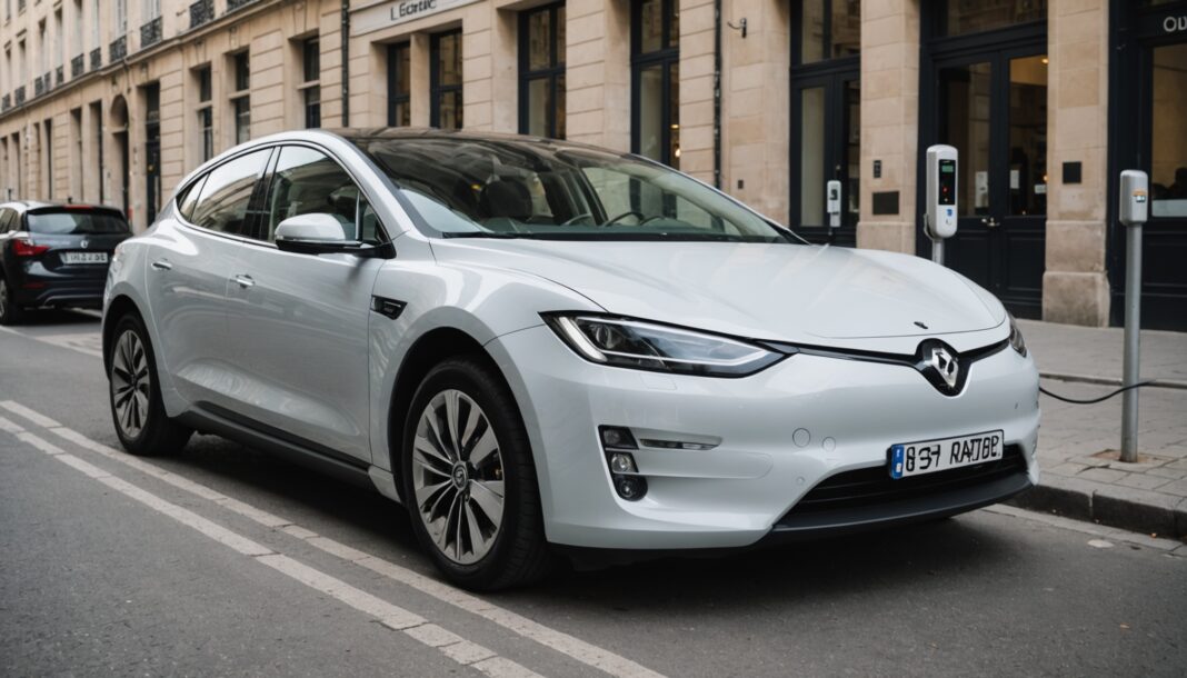 Voiture electrique d occasion branchee a une borne de recharge en ville
