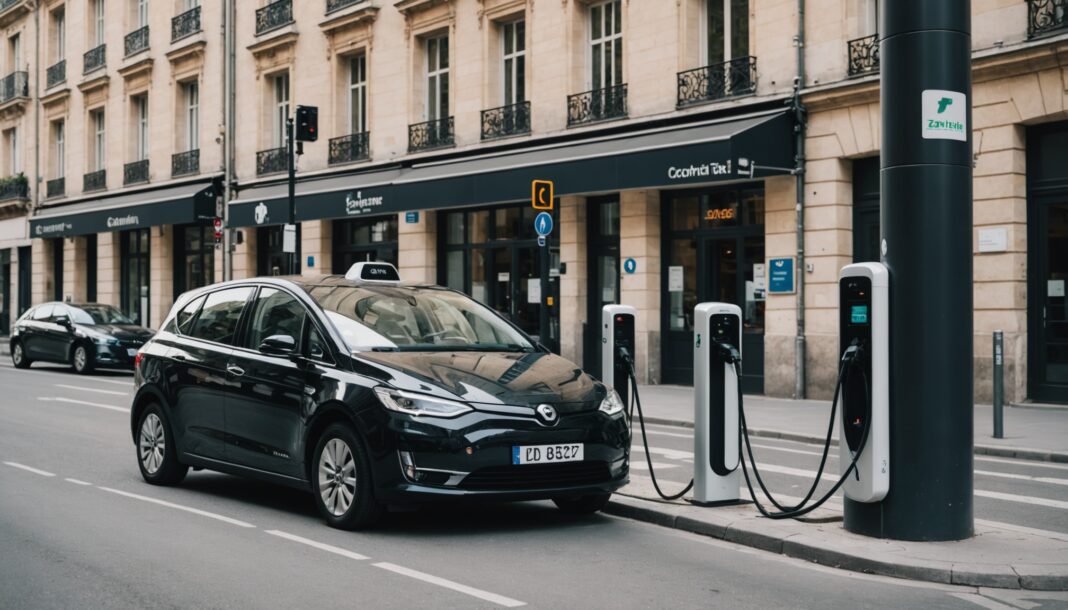 Taxi électrique branché à une borne de recharge en centre-ville