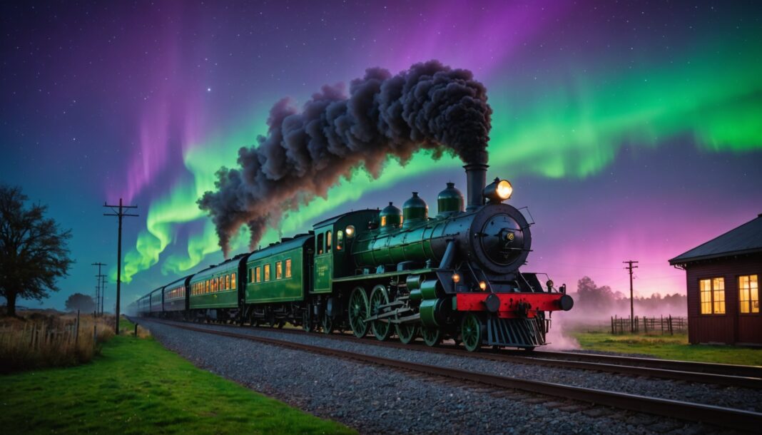 Tempête solaire victorienne : une énigme vieille de près de deux siècles enfin résolue Train à vapeur victorien en gare de nuit sous une aurore boréale verte et violette