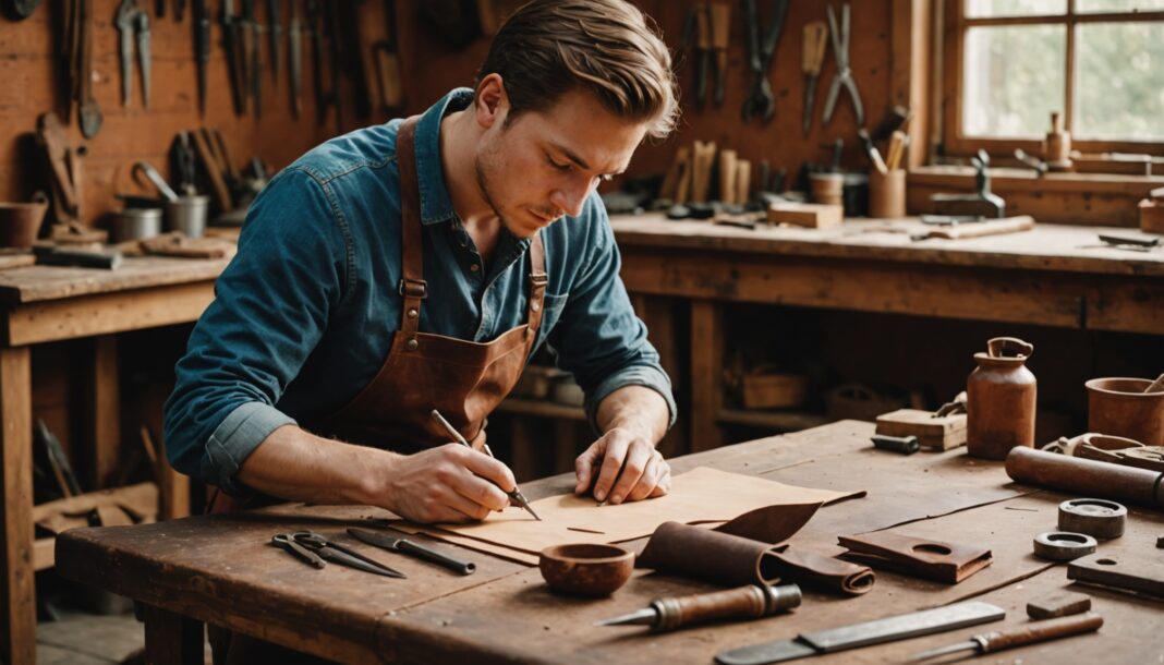 Artisan façonnant une pièce de maroquinerie dans un atelier, métiers d'art et formation 2026