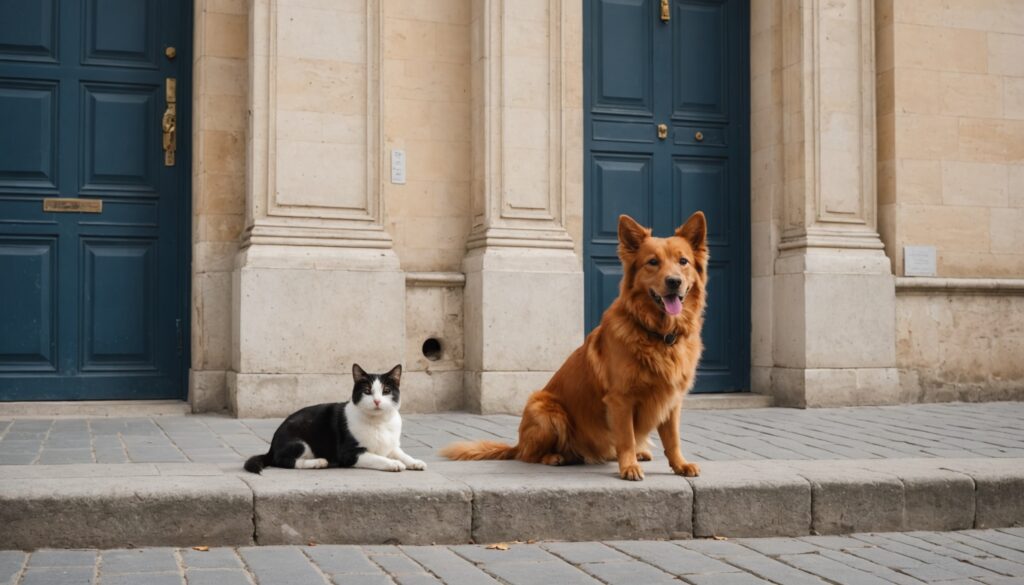 Chien et chat calmes devant la façade d'un bâtiment gouvernemental français