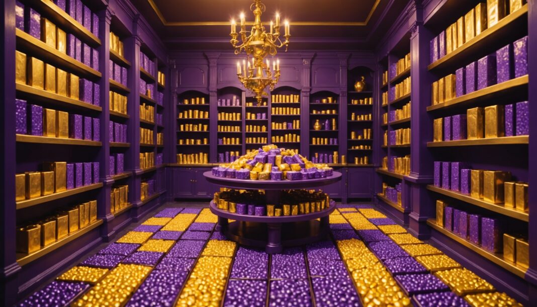 Wonka débarque dans les rayons français : Ferrero mise sur la nostalgie sucrée Illustration d'une fabrique de chocolat fantastique et colorée, ambiance confiserie magique