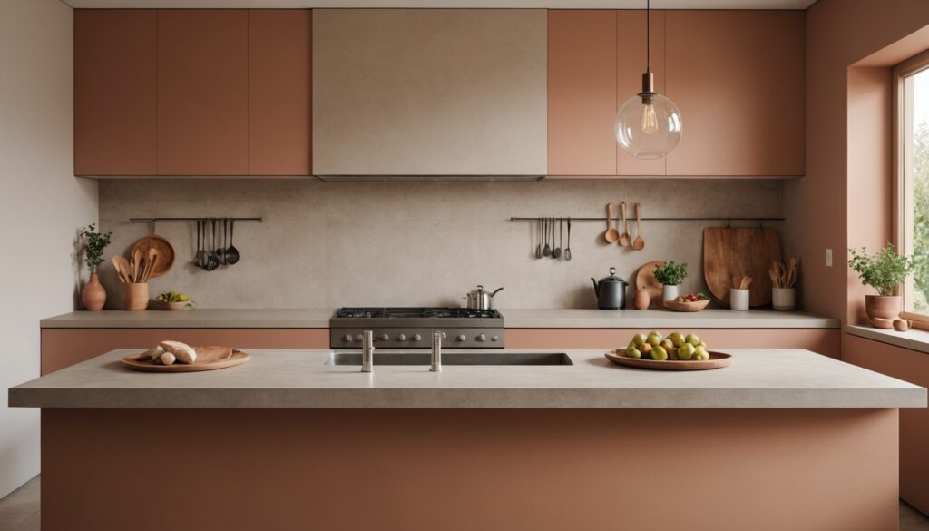 Cuisine moderne au revêtement en microciment sans joint, alternative au carrelage