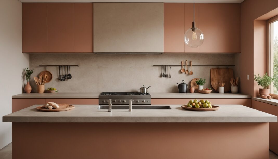 Microciment en cuisine : la tendance venue d’Espagne qui fait reculer le carrelage Cuisine moderne au revêtement en microciment sans joint, alternative au carrelage
