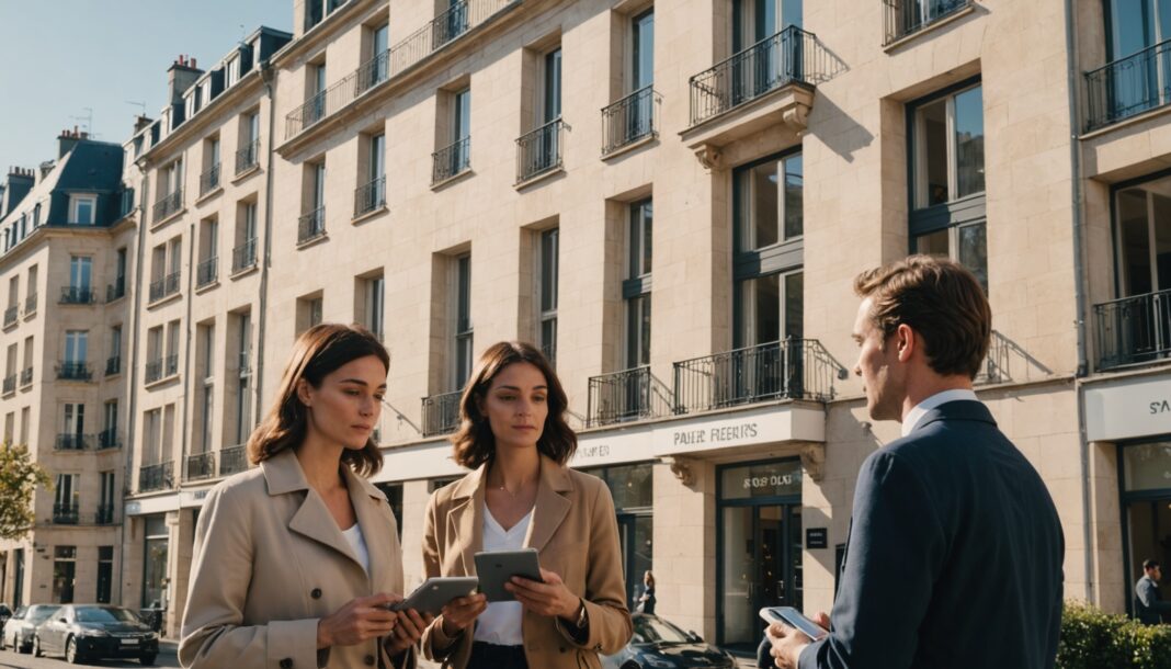 Immobilier en France : la baisse des prix face à la remontée des taux Immeuble résidentiel français avec panneau à vendre, illustration du marché immobilier