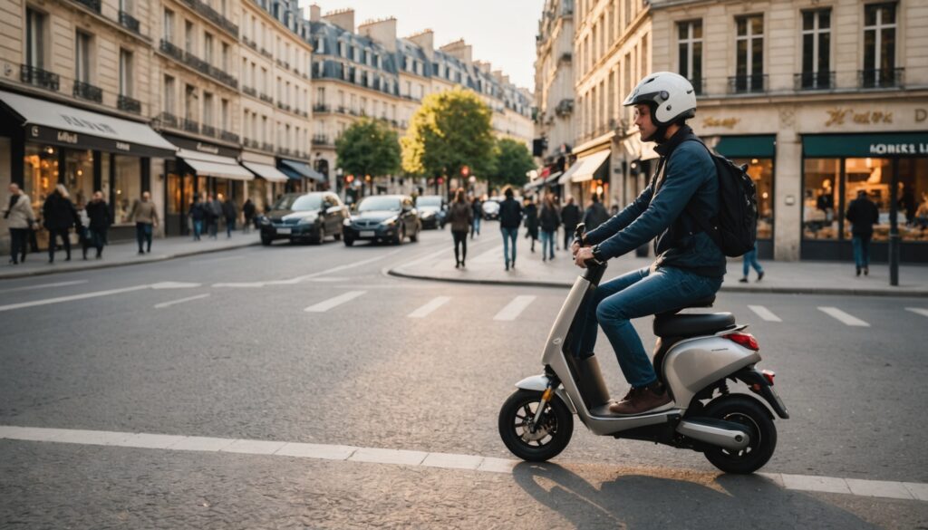 Utilisateur de trottinette électrique portant un casque dans une rue de ville française