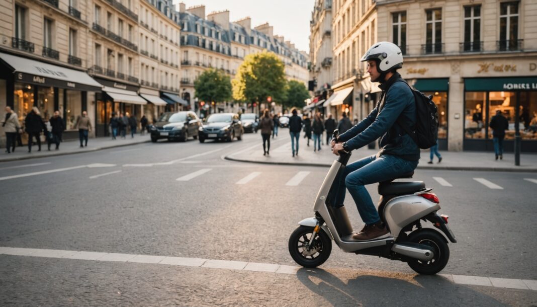 Casque obligatoire en trottinette électrique : la France se réorganise ville par ville Utilisateur de trottinette électrique portant un casque dans une rue de ville française