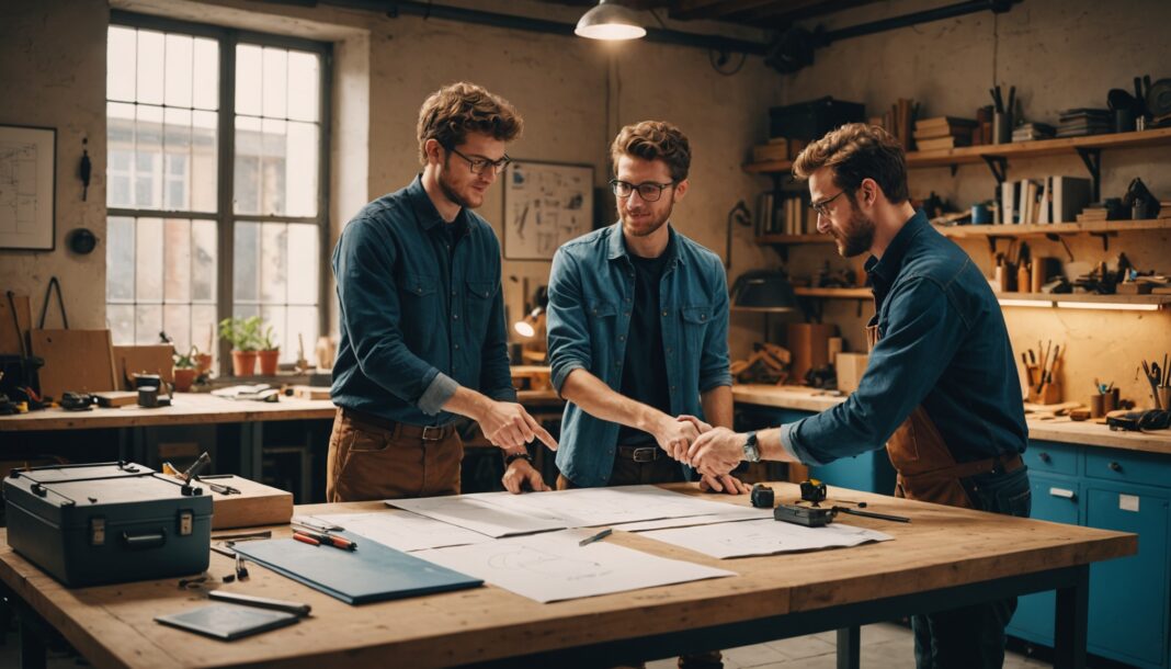 Aide à l’embauche des apprentis : la nouvelle formule pour les entreprises Illustration d'un apprenti et d'un mentor dans un atelier moderne, symbole de l'aide à l'embauche des apprentis
