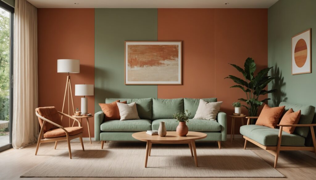 Salon moderne en bois clair avec accents terracotta et sauge
