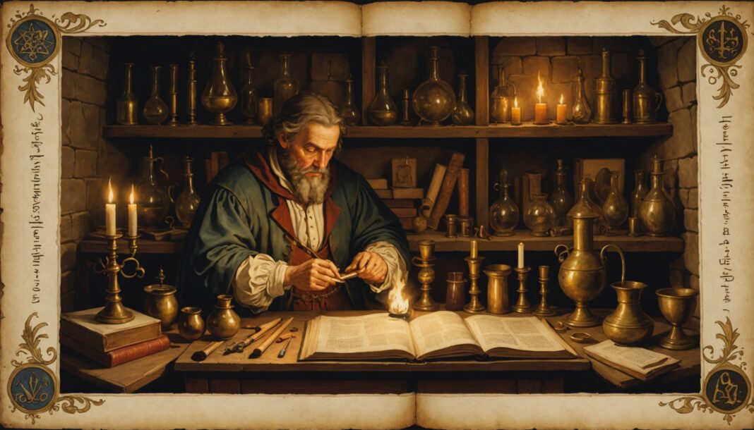 Illustration générée par IA d'un cabinet d'alchimiste médiéval avec manuscrits et instruments anciens, ne représente pas une œuvre exacte de l'exposition