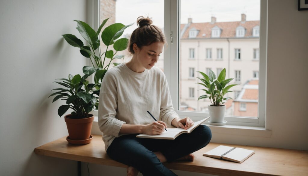 Personne assise près d'une fenêtre dans un intérieur calme et lumineux