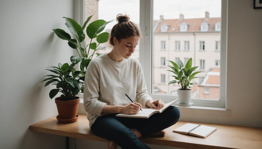 Personne assise près d'une fenêtre dans un intérieur calme et lumineux