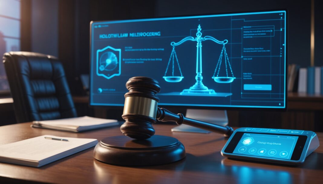 Marteau de juge et interface d'intelligence artificielle symbolisant les recours administratifs rédigés par IA