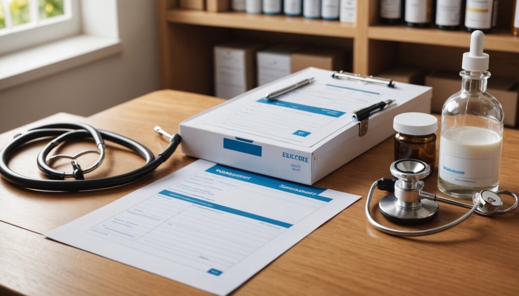 Comptoir de pharmacie avec boîtes de médicaments et formulaire de remboursement santé