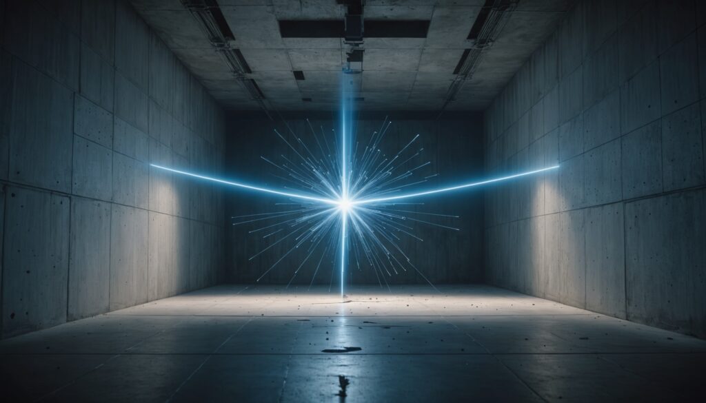 Illustration générée par IA d'un laser traversant un mur de béton (illustration conceptuelle, ne représente pas un dispositif réel)