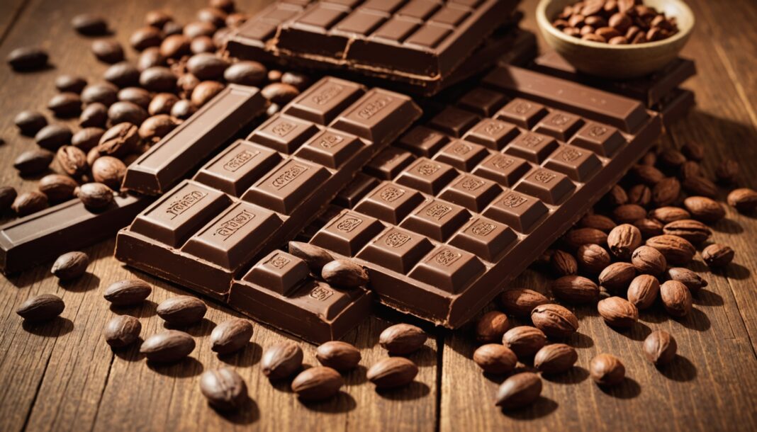 Illustration générée par IA de tablettes de chocolat et de fèves de cacao, ne représente pas un produit réel